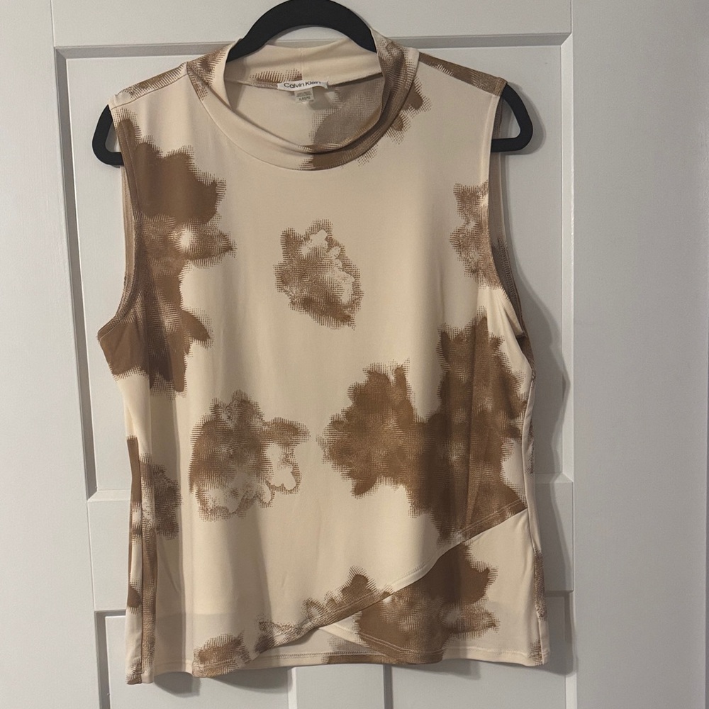 Calvin Klein Cream & Brown Sleeveless Printed Shell